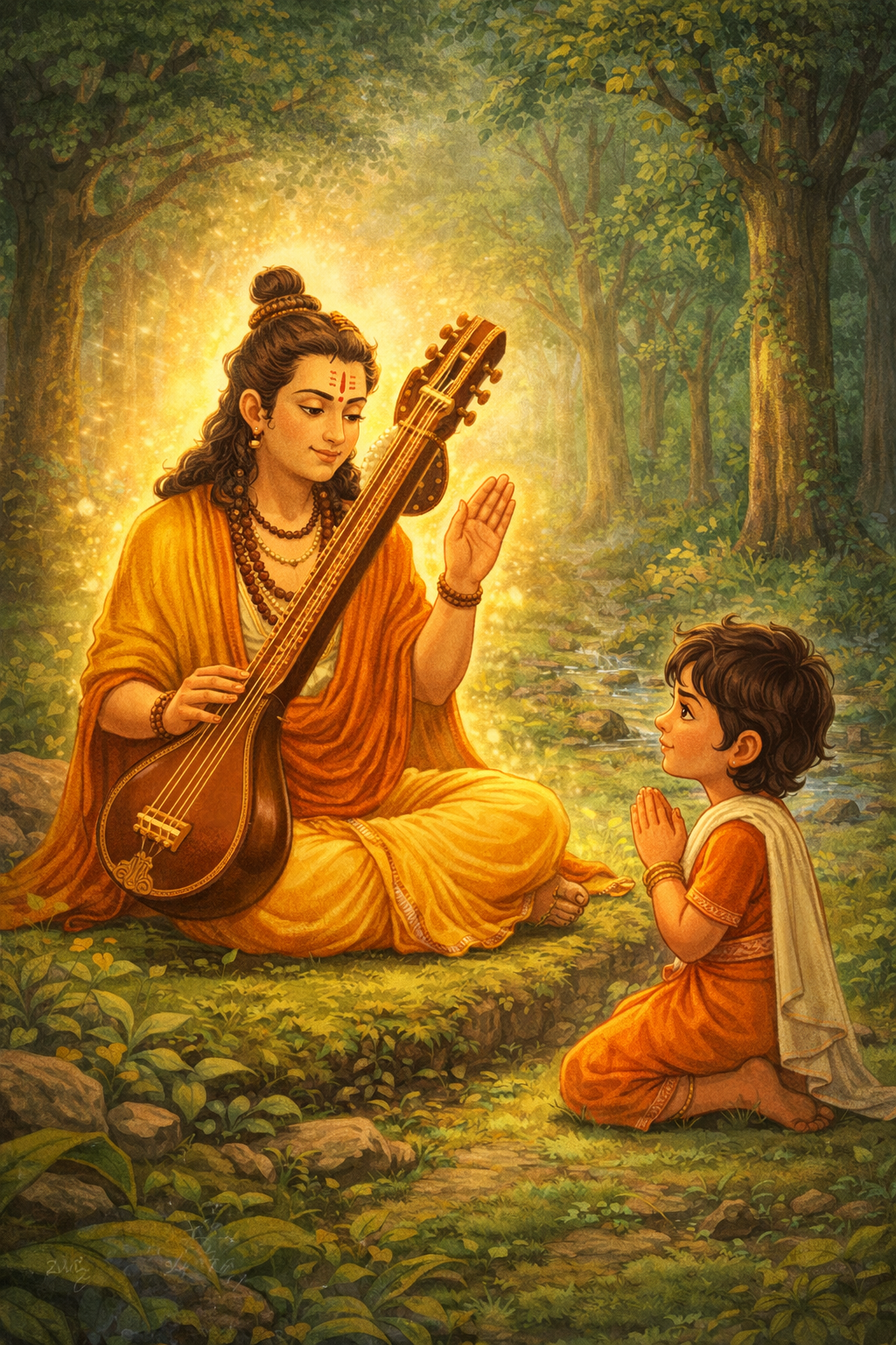 Narad Muni guiding Dhruv story for kids with mantra in forest