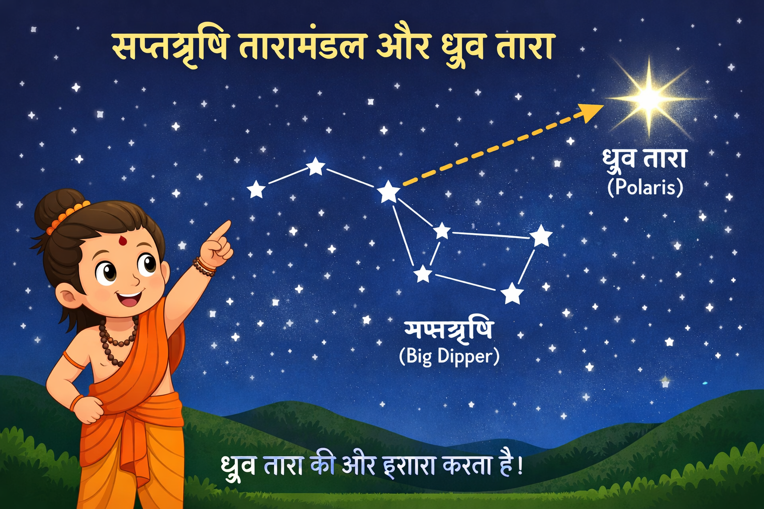 Saptarishi pointing to Dhruv tara simple diagram for kids