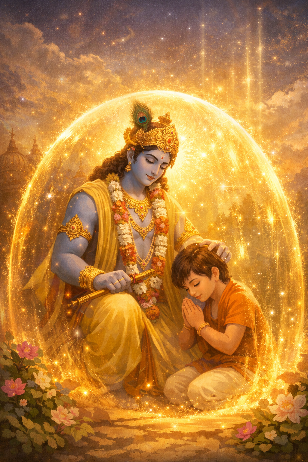 Lord Krishna protecting devotee with divine golden shield – Bhagavad Gita Chapter 9 illustration