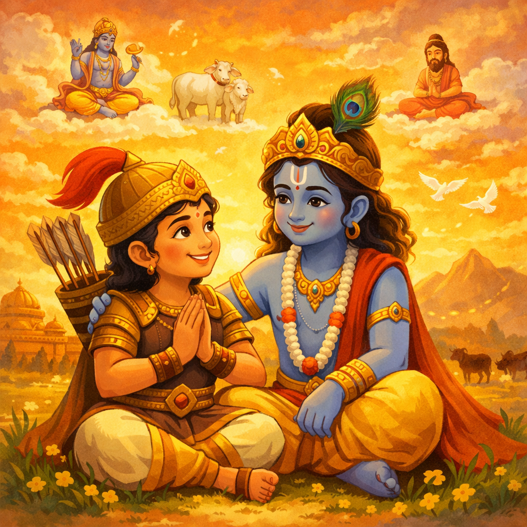 Parth and Krishna smiling together under a golden sky – Bhagavad Gita for Kids Chapter 10