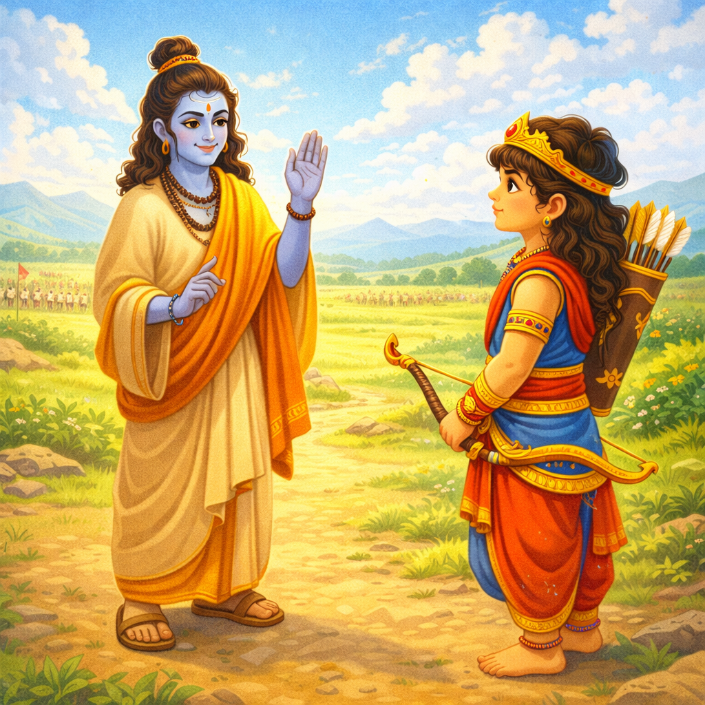 Krishna disguised as a Brahmin meeting Barbarik before the Mahabharata war Teen Baan Dhari Barbarik story for kids