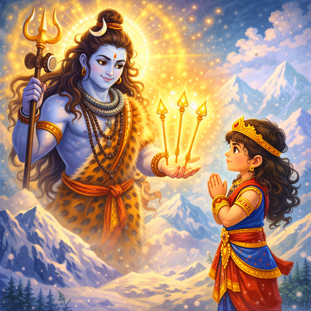 Barbarik receiving three magical arrows from Lord Shiva Teen Baan Dhari Barbarik story for kids