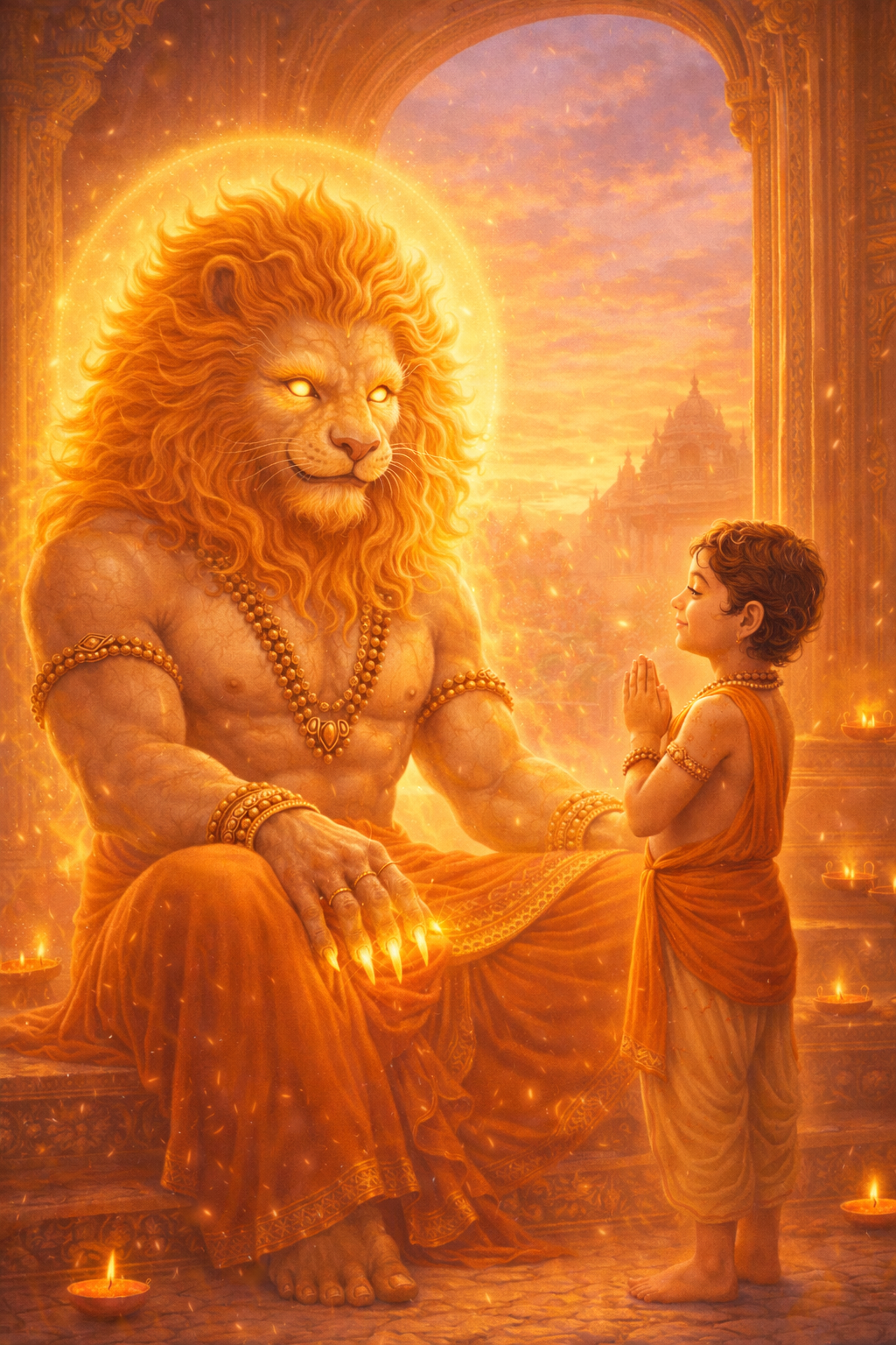 Soft children’s illustration of Lord Narasimha blessing young Prahlad in a peaceful palace at sunset