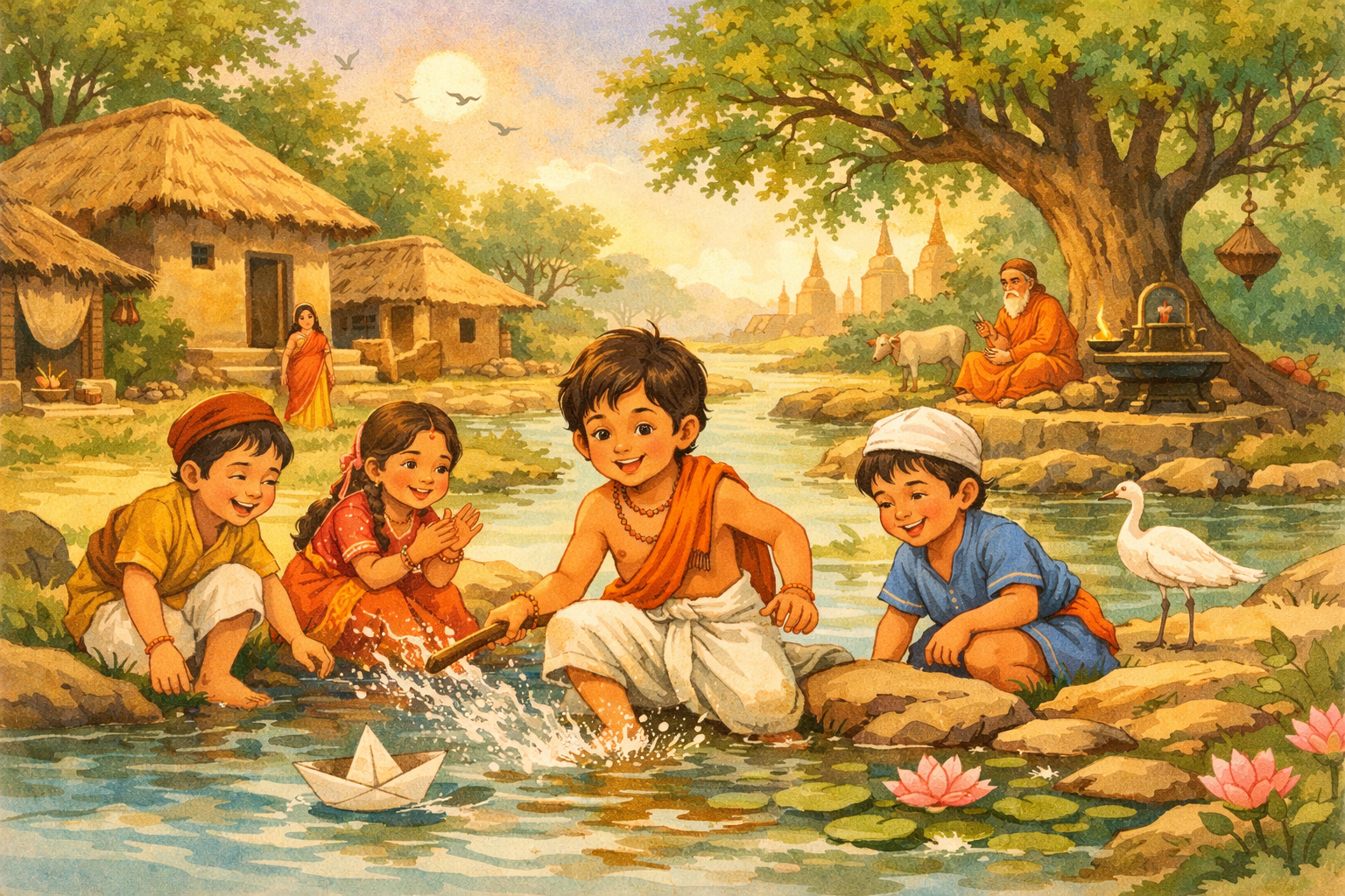 Pundalik and Vitthal story for kids showing young Pundalik playing in a peaceful Indian village