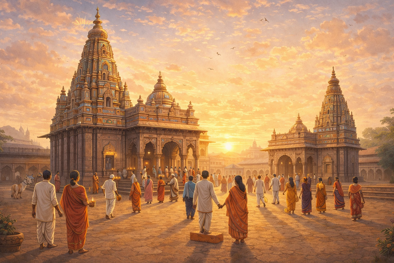 Shri Vitthal Rukmini Temple in Pandharpur Maharashtra with devotees walking in morning sunlight