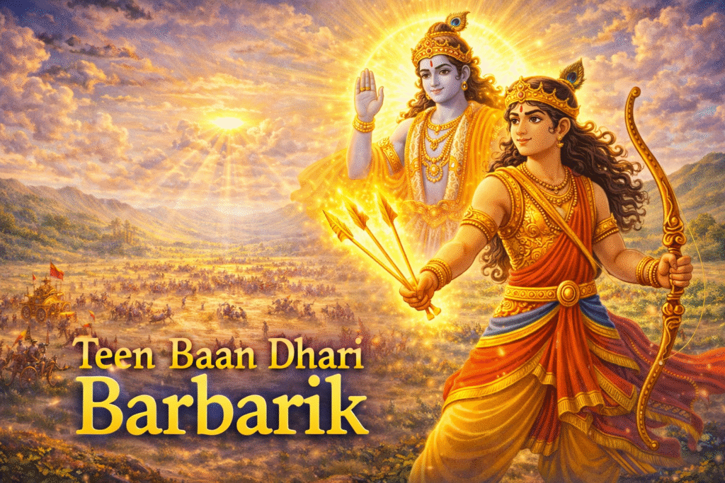 Teen Baan Dhari Barbarik standing on Kurukshetra battlefield with three magical arrows while Lord Krishna blesses him