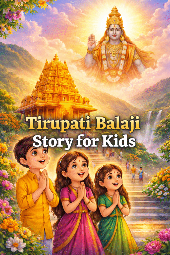 Tirupati Balaji temple kids praying illustration