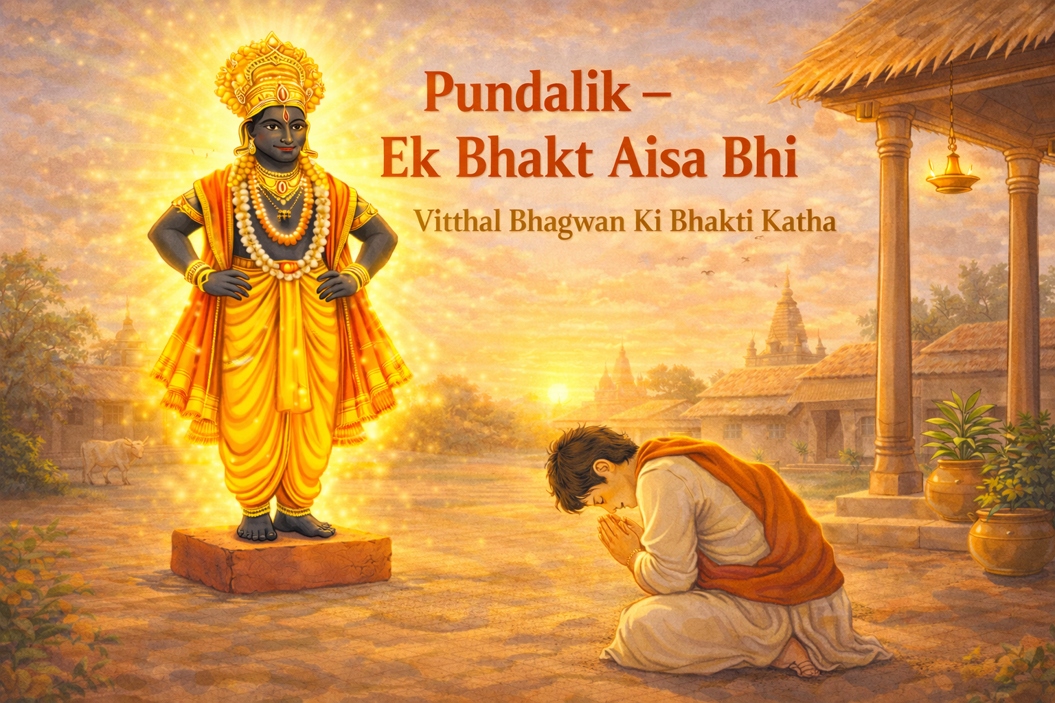 Pundalik and Vitthal story for kids showing Pundalik bowing to Lord Vitthal standing on a brick