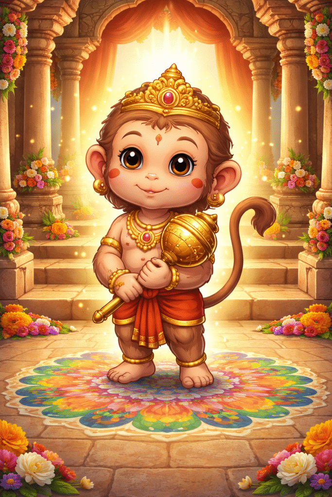 cute baby Lord Hanuman standing in temple with gada, cartoon style, golden aura, rangoli and flower decoration