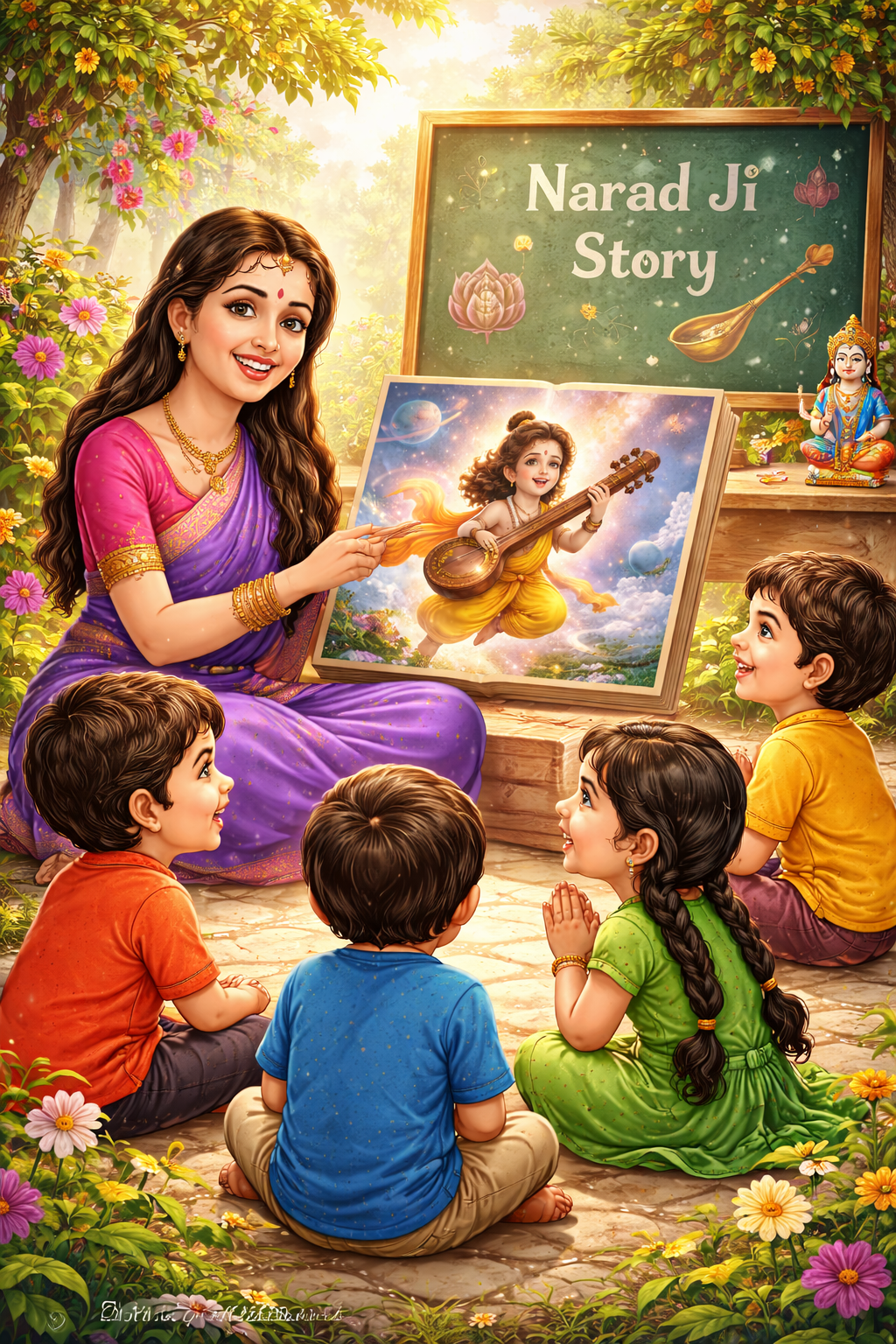 Kids learning devotion kindness Narad story moral illustration colorful