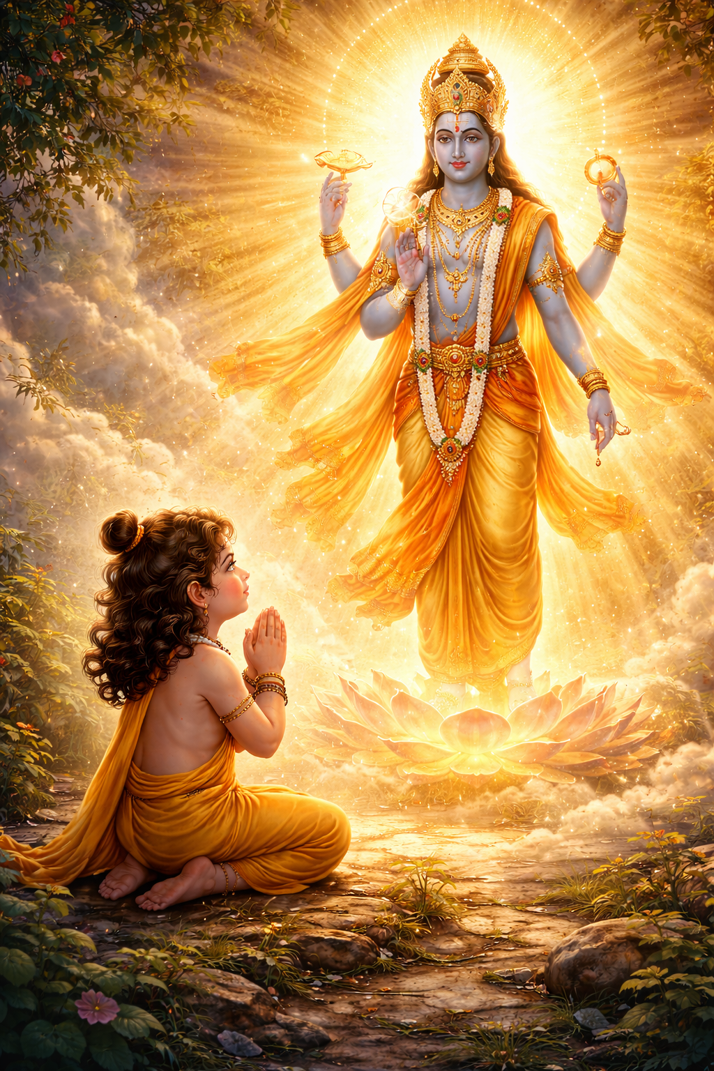 Lord Vishnu divine darshan blessing Narad Muni glowing spiritual scene illustration