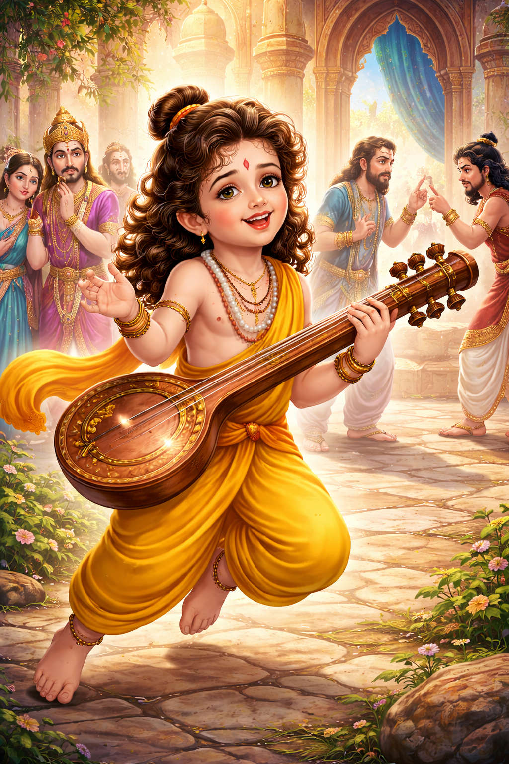 Narad Muni playful wise creating situations mythological illustration kids friendly