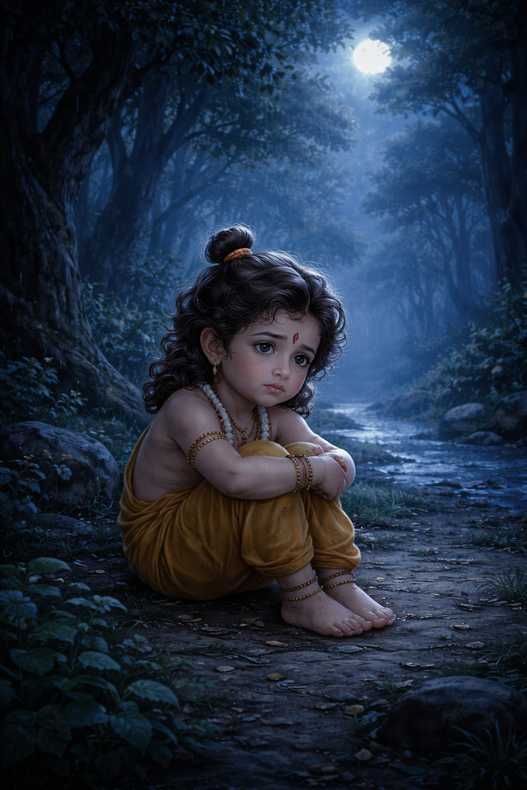 Narad Muni sad alone after mother death night emotional scene illustration