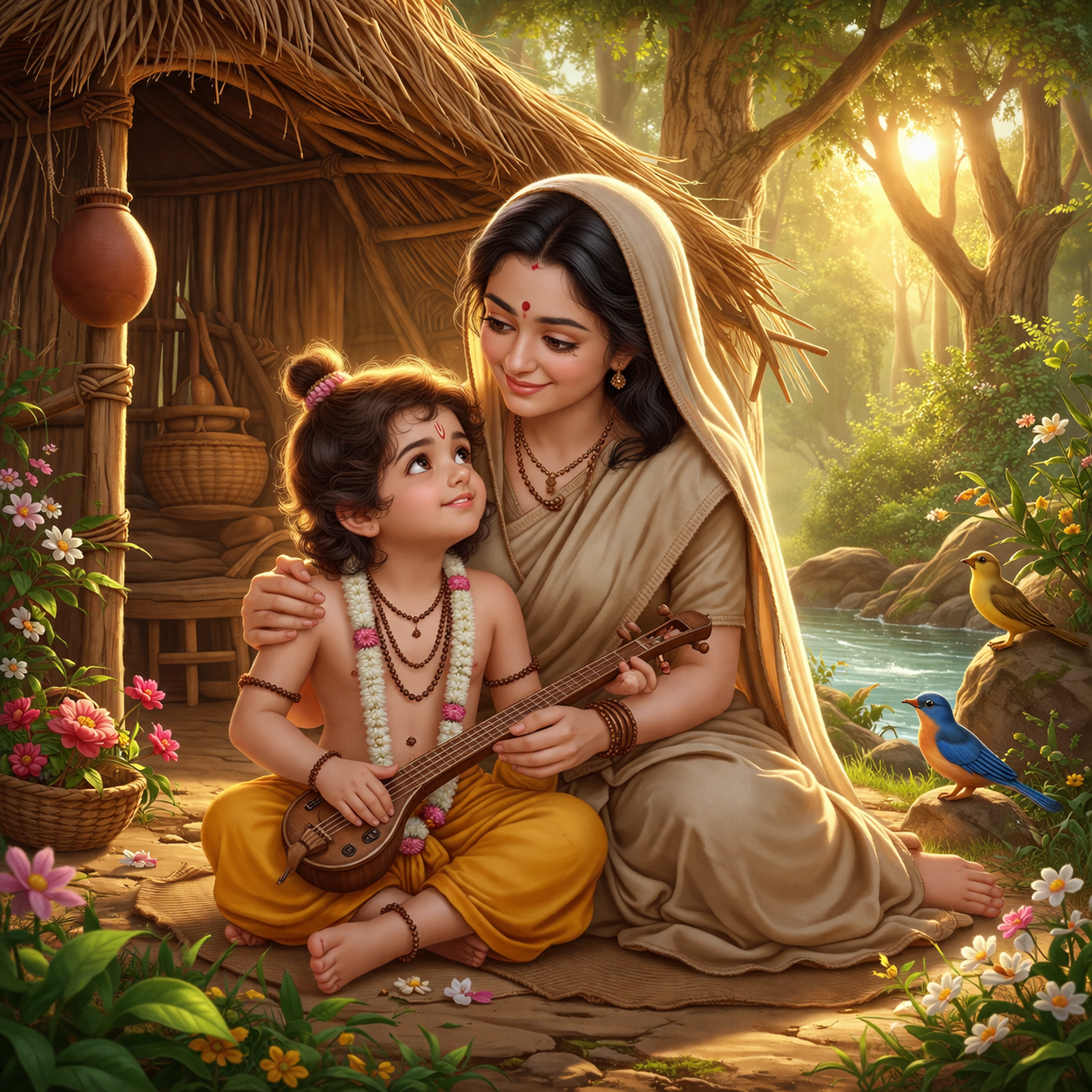 Young Narad Muni with mother simple life forest hut illustration