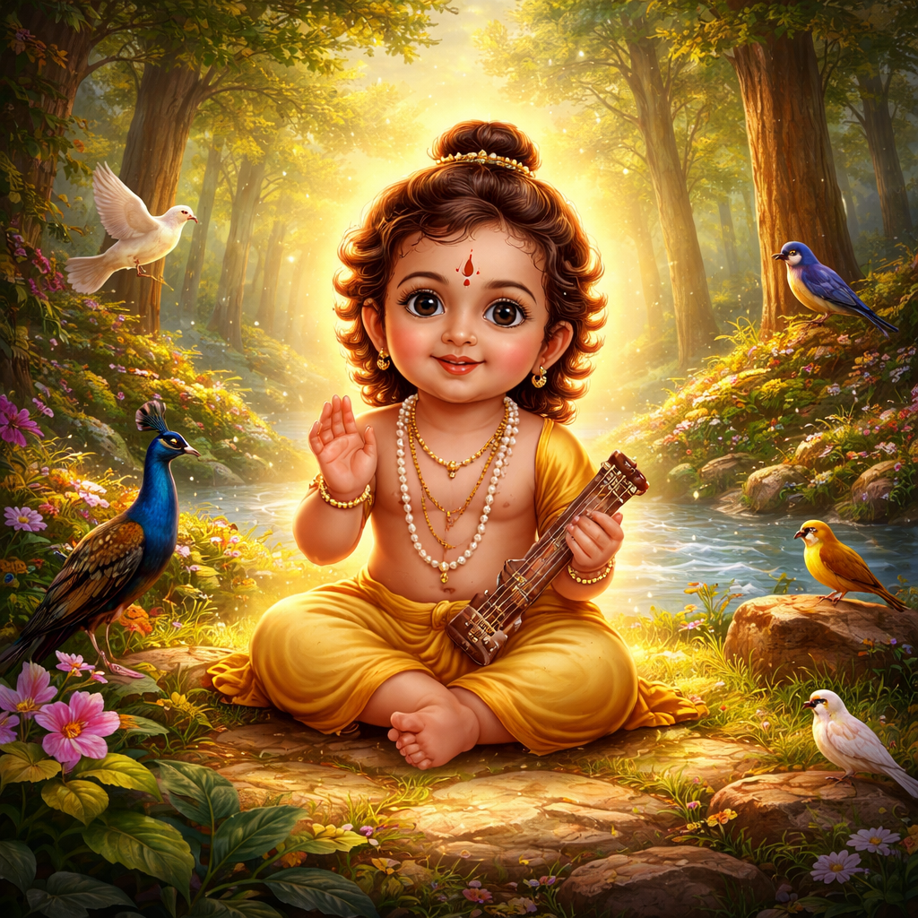 Baby Narad Muni glowing divine child forest illustration for kids