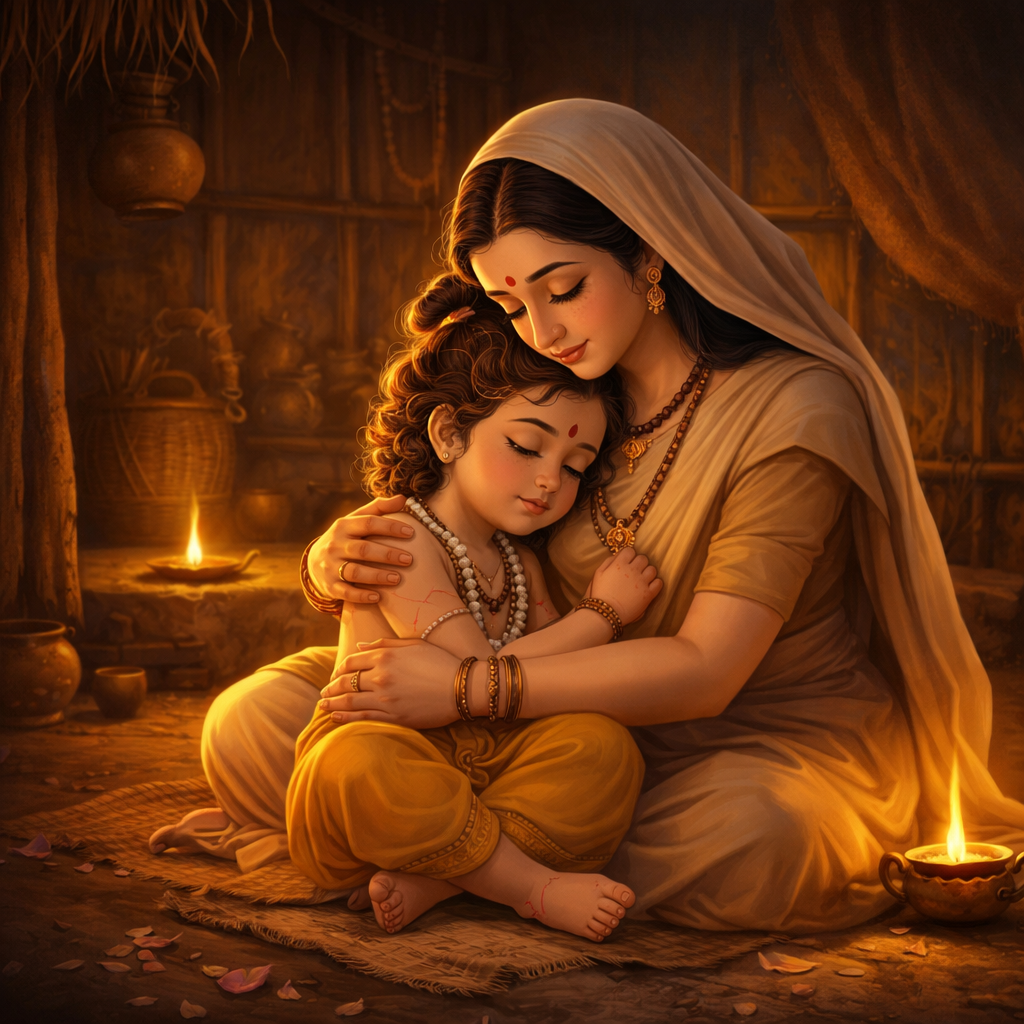 Narad Muni with mother emotional bonding simple hut illustration