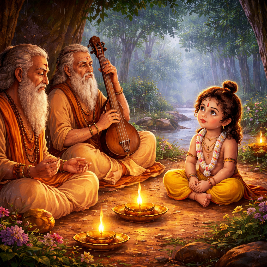 Narad listening to saints chanting Vishnu bhajans peaceful scene illustration