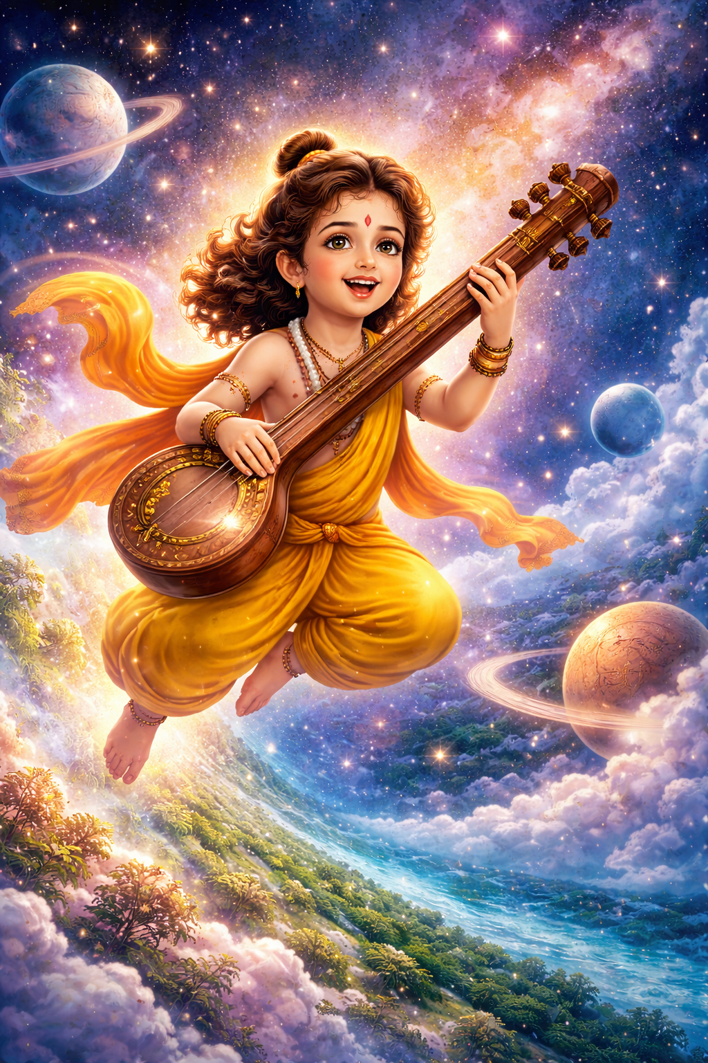 Narad Muni traveling with veena across three worlds Narayan Narayan illustration