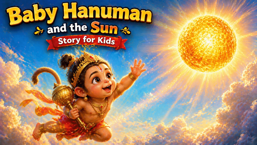 Cute baby Hanuman flying joyfully towards the glowing Sun, thinking it is a fruit, with title “Baby Hanuman and the Sun Story for Kids” in a colorful kid-friendly banner illustration.