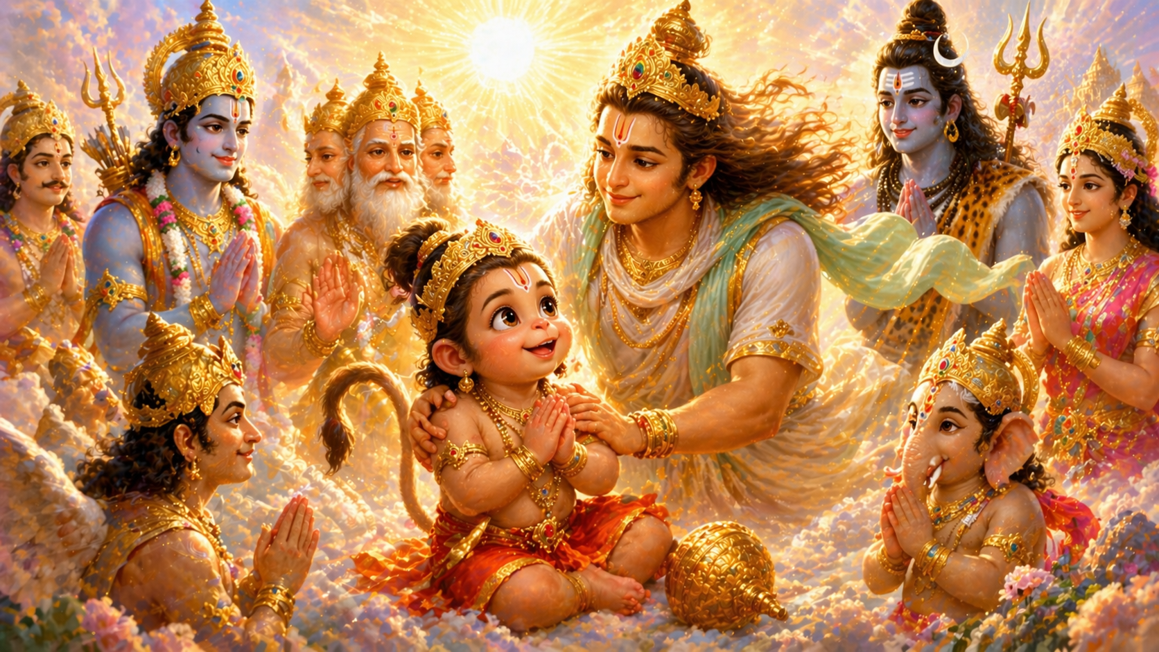 Baby Hanuman receiving blessings from gods with Vayu Dev love mythological kids illustration