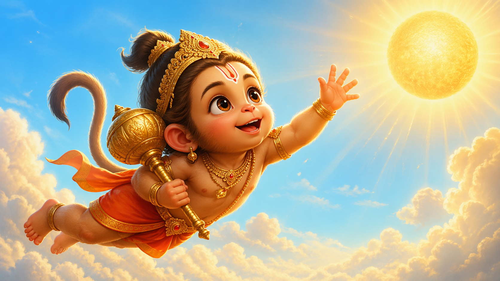 Baby Hanuman flying towards the Sun thinking it is a fruit kids story illustration