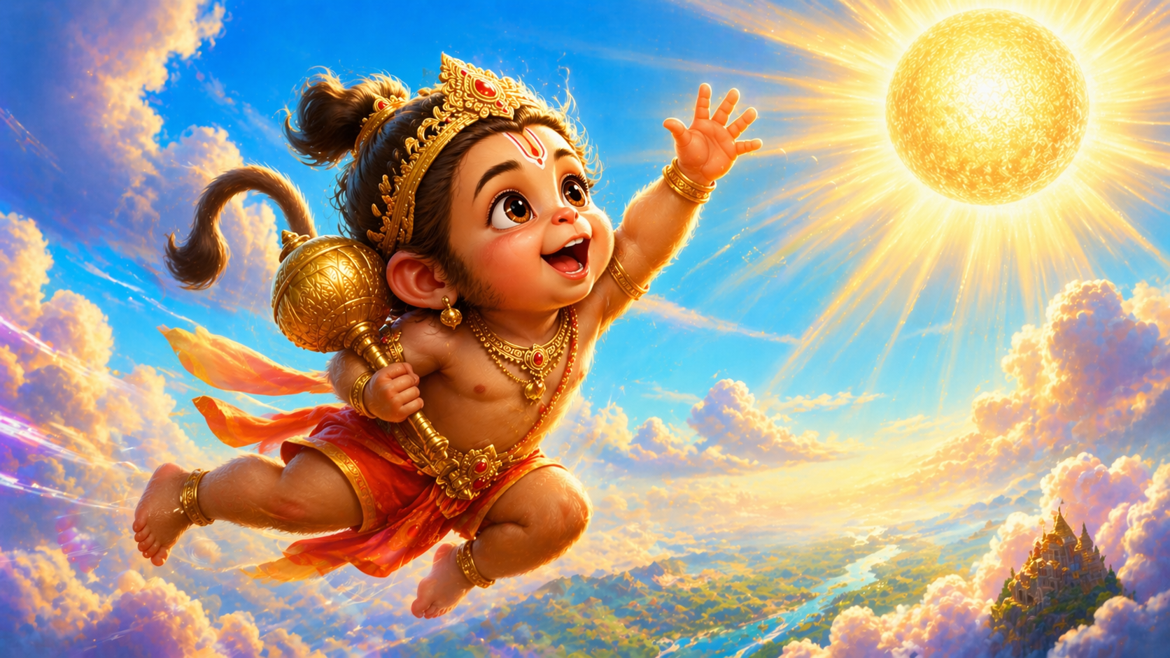 Baby Hanuman story for kids showing Hanuman jumping high into the sky towards the Sun with an excited expression illustration