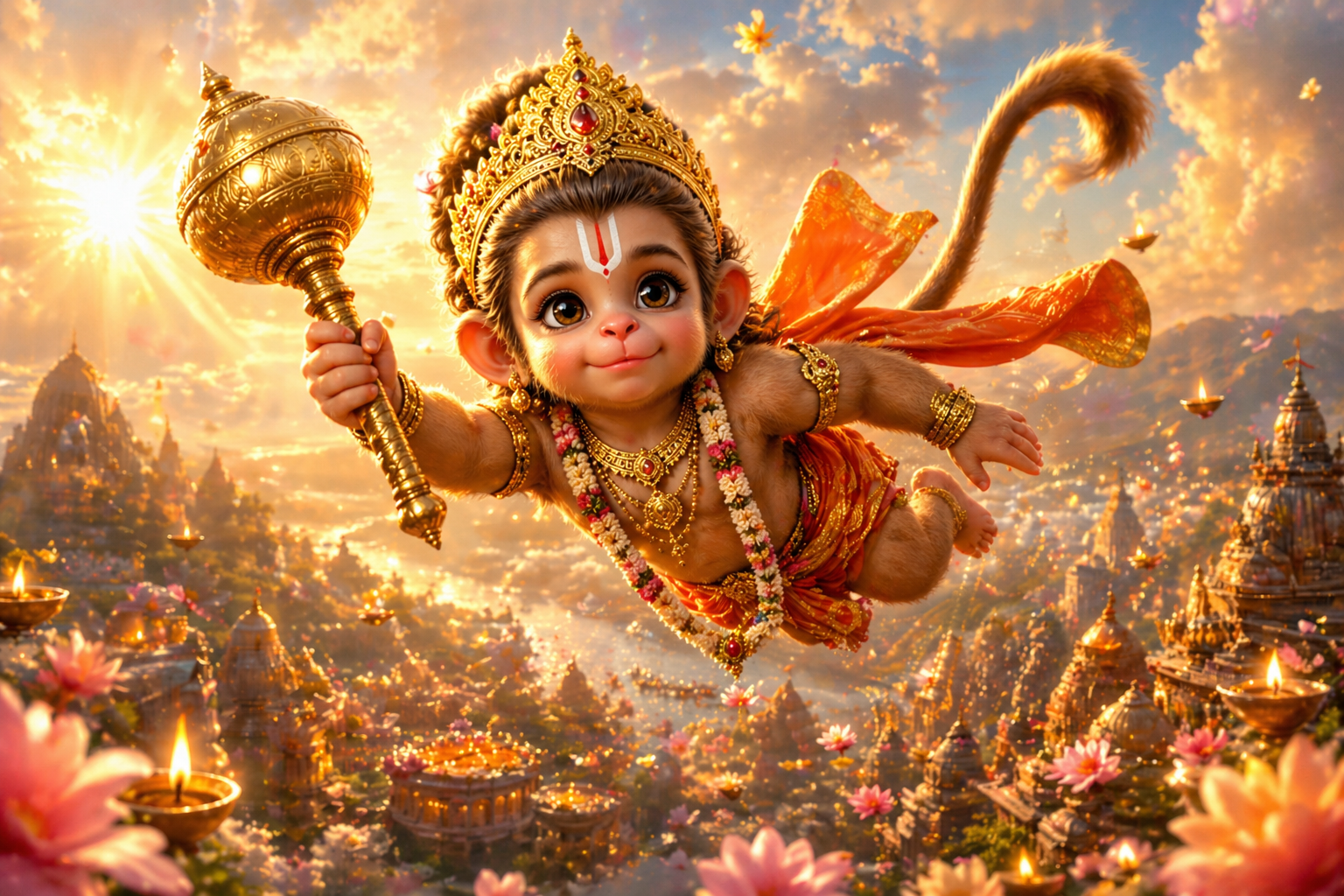 Cute baby Hanuman flying with Sanjeevani mountain in golden divine sky