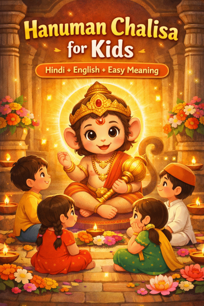 Hanuman Chalisa for Kids with easy Hindi English meaning and baby Hanuman teaching children
