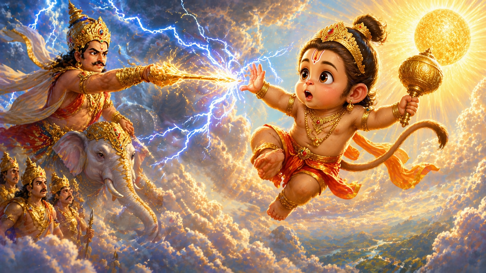 Lord Indra using vajra to stop baby Hanuman mid air thunder lightning scene kids