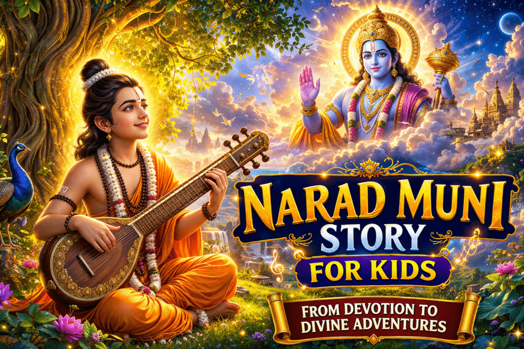 Narad Muni story for kids with Lord Vishnu blessing, devotional Indian mythology illustration