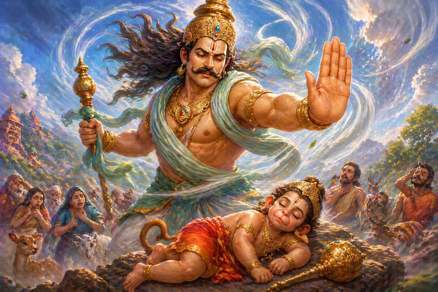 Vayu Dev angry stopping air flow protecting baby Hanuman mythological kids illustration