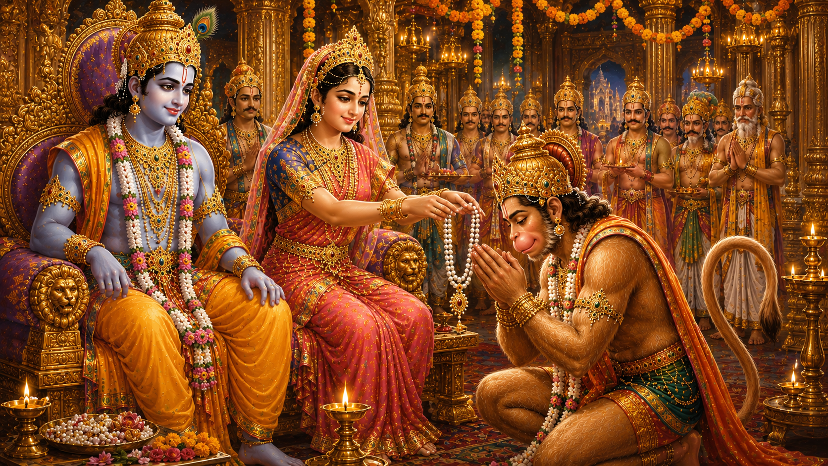 Sita giving pearl necklace to Hanuman story illustration