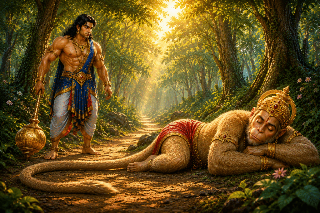Bhima encountering Lord Hanuman disguised as an old monkey in a mystical forest from the Mahabharata