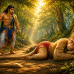 Bhima encountering Lord Hanuman disguised as an old monkey in a mystical forest from the Mahabharata