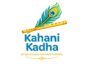 Kahani Kadha logo with peacock feather and Krishna flute for kids spiritual stories website