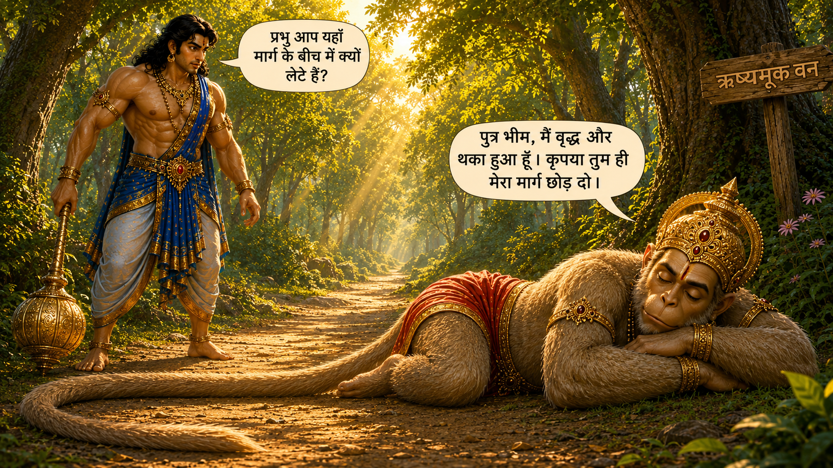 Hanuman and Bhima meeting story for kids illustration