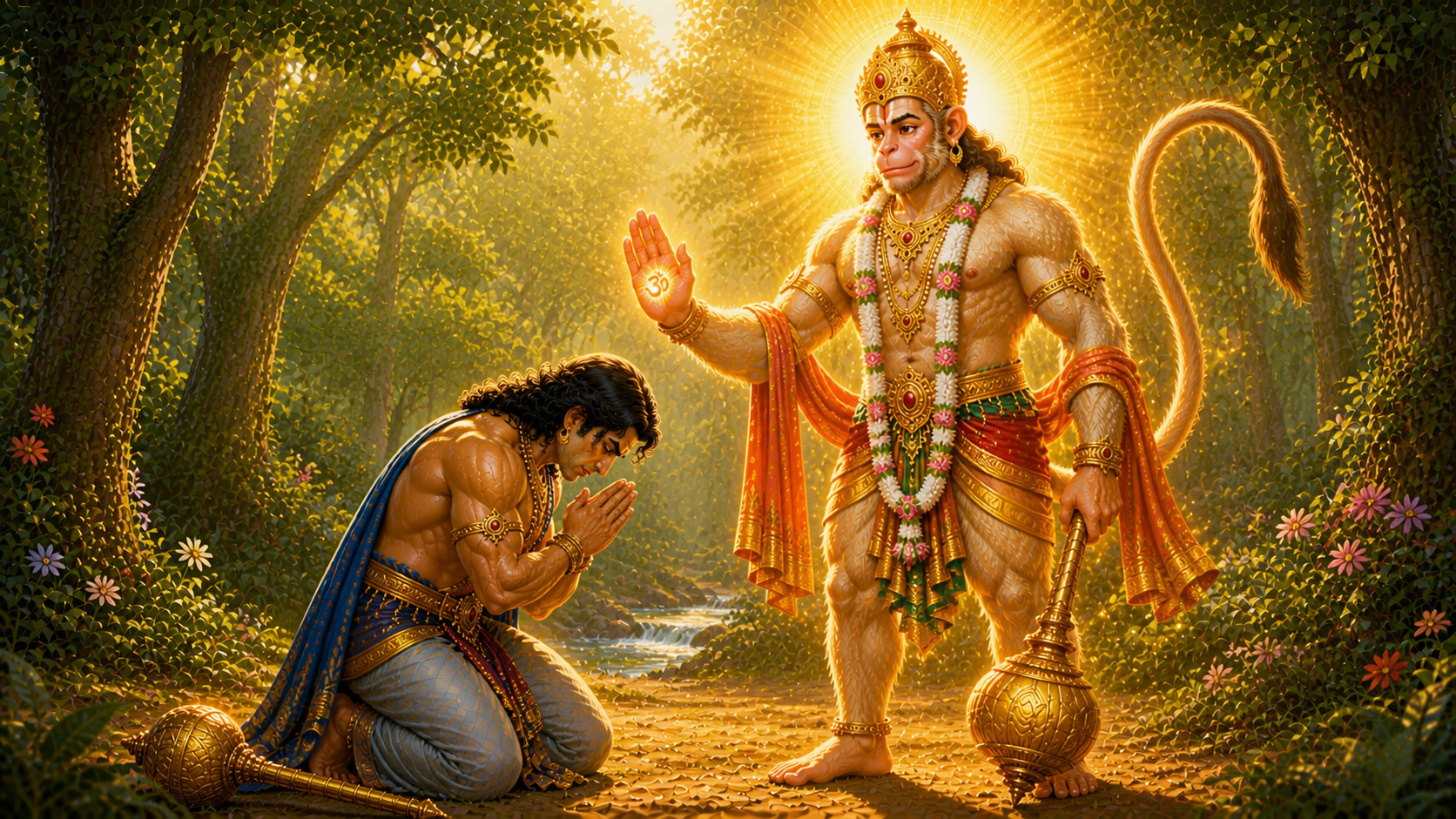 Hanuman blessing Bhima story illustration
