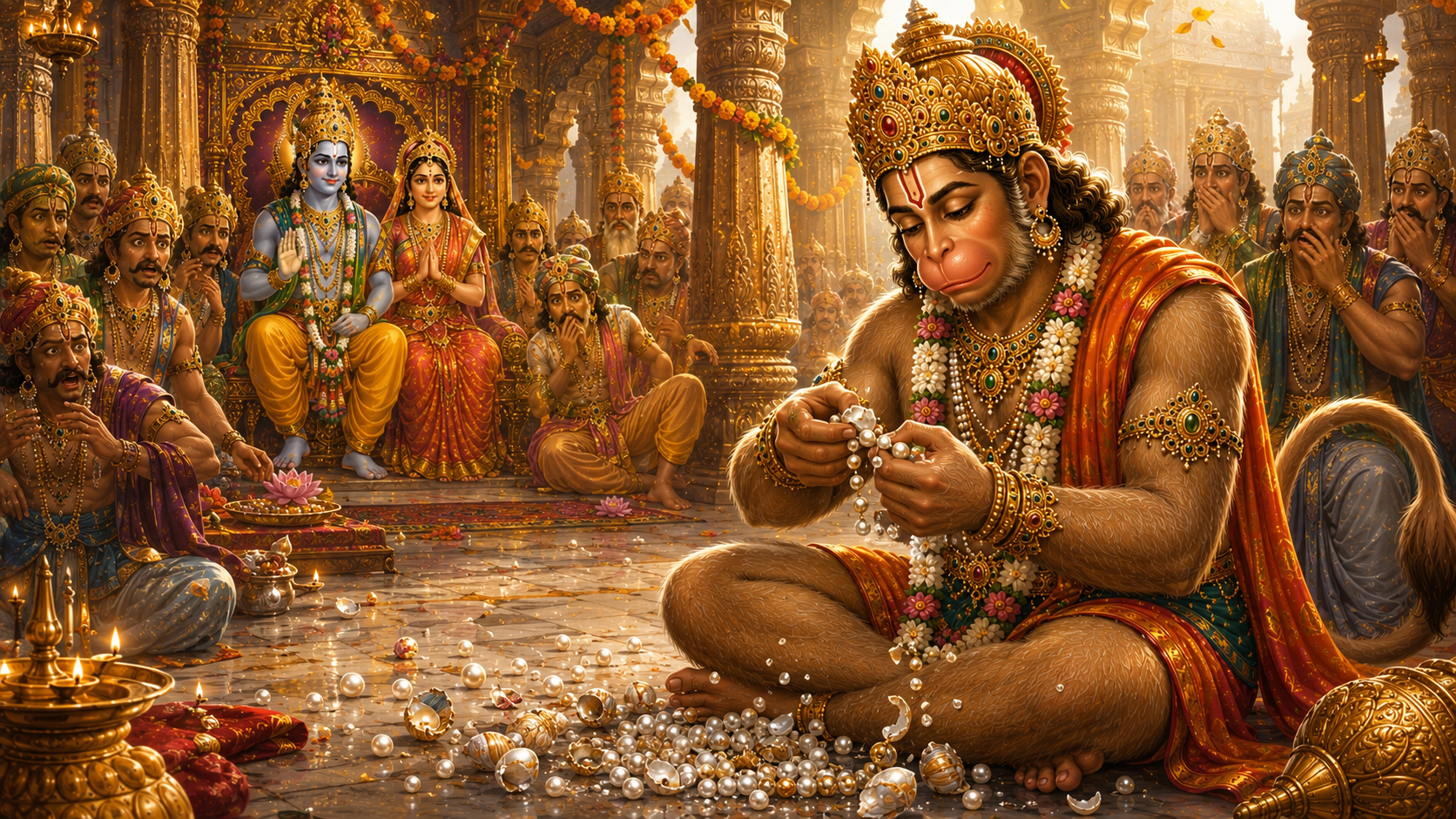 Hanuman breaking pearl necklace in Rama court