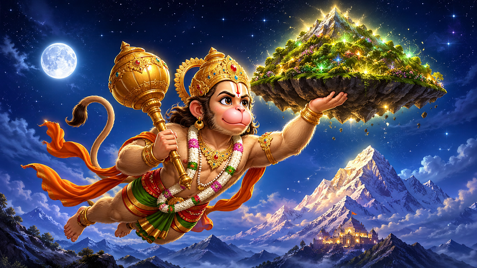 Hanuman lifting Sanjeevani mountain for Hanuman Sanjeevani Booti story for kids illustration