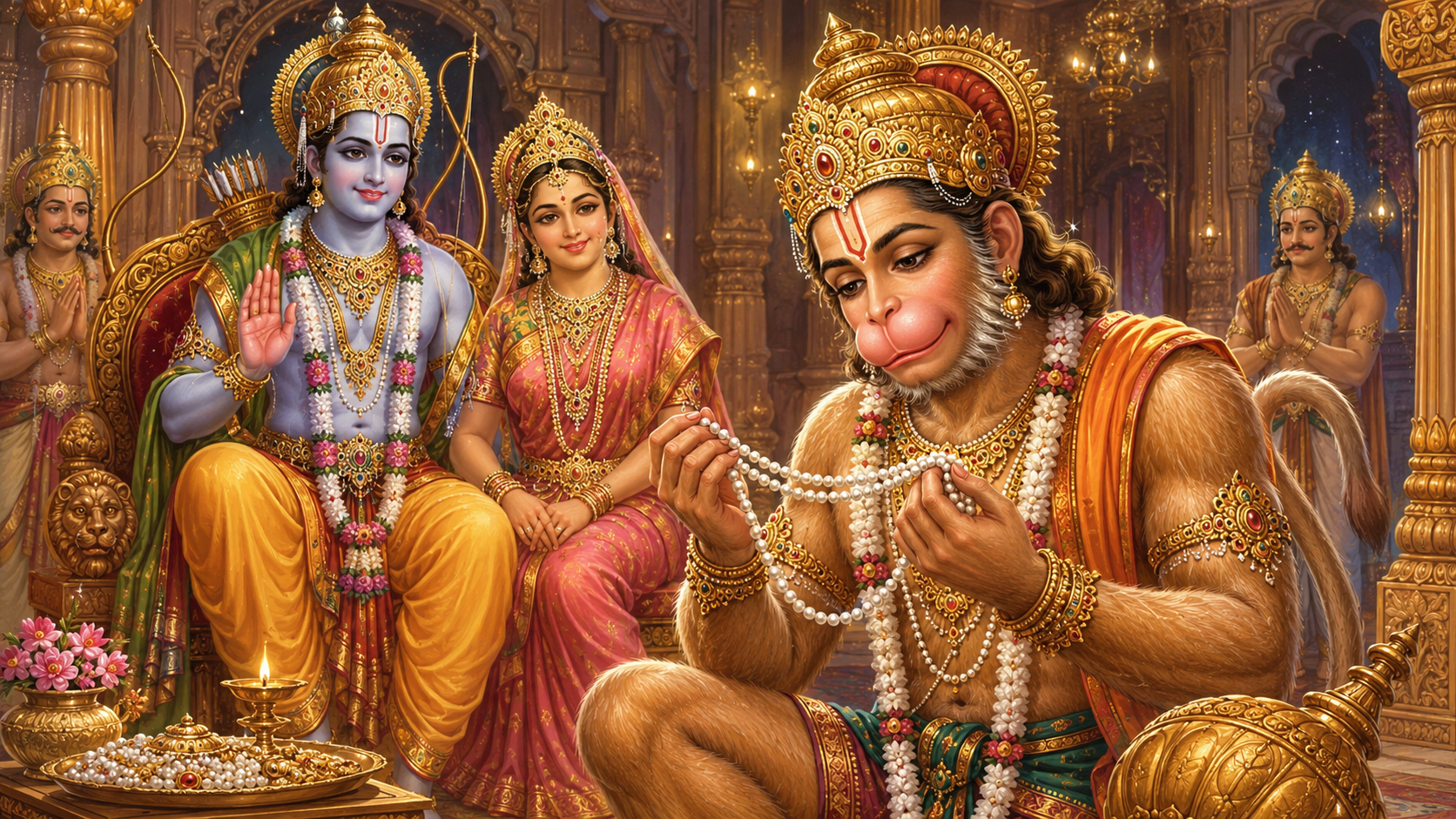 Why did Hanuman break the pearl necklace? Story for kids illustration
