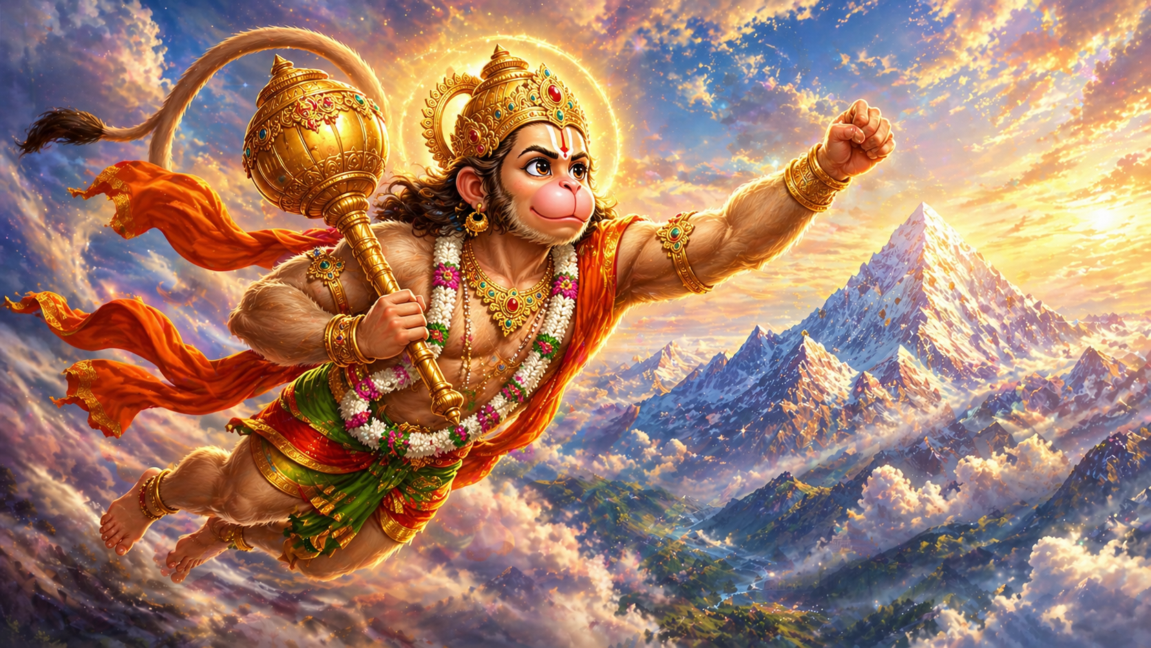 Hanuman flying to Himalayas to bring Sanjeevani kids illustration