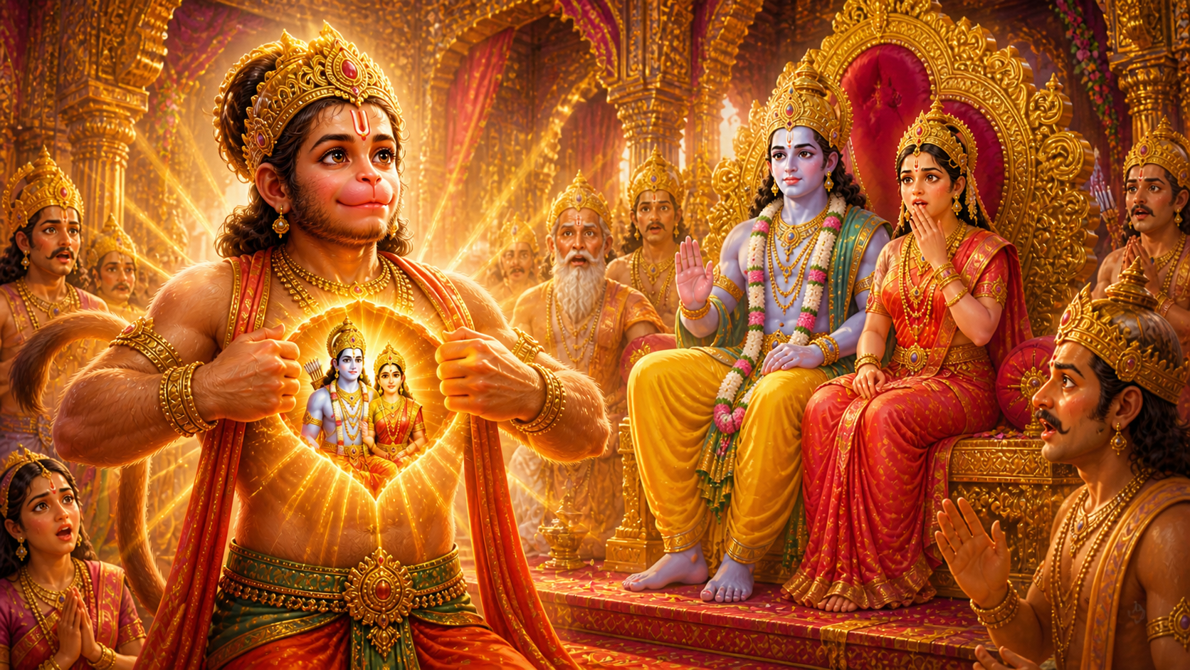 Hanuman opening chest showing Rama and Sita in heart story for kids
