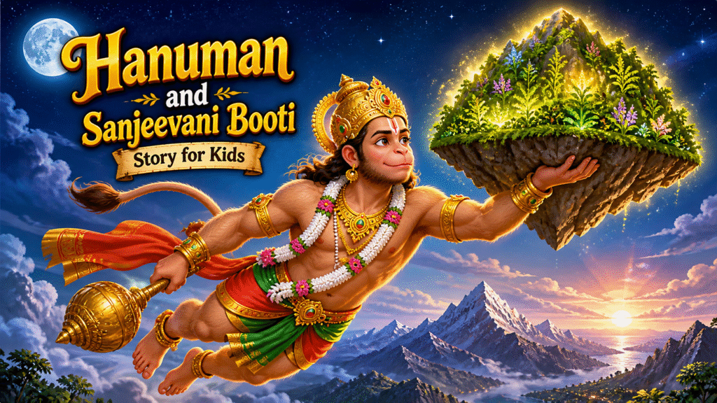 Hanuman carrying Sanjeevani mountain to save Lakshman in kids story illustration