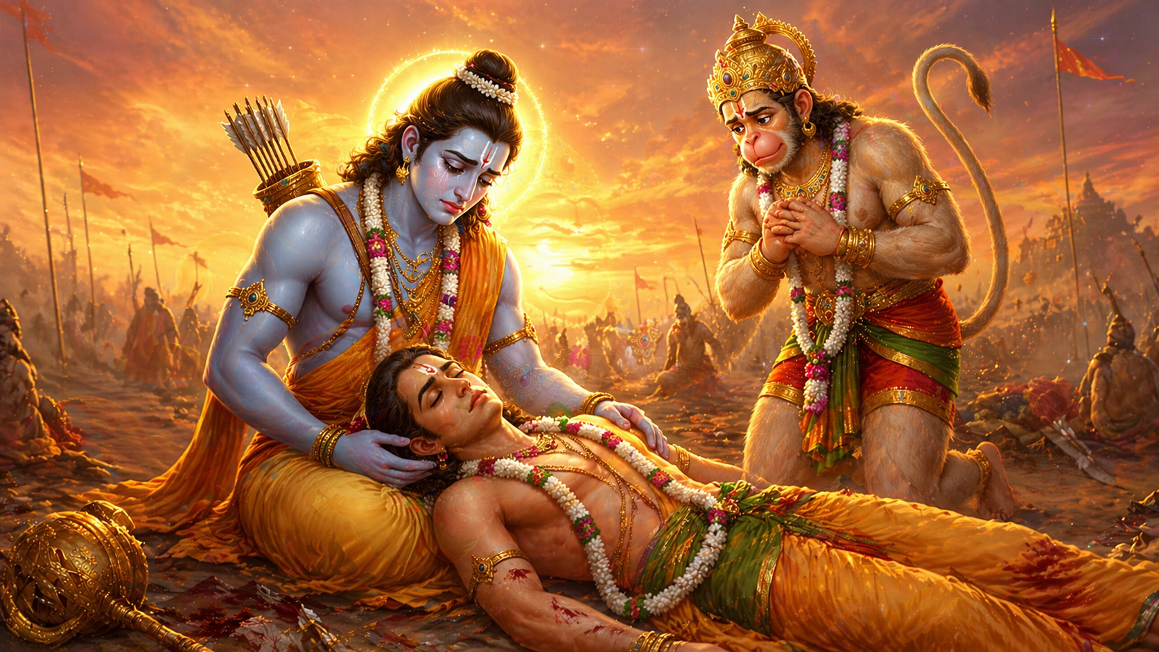 Lakshman unconscious in battlefield Ramayana kids story illustration