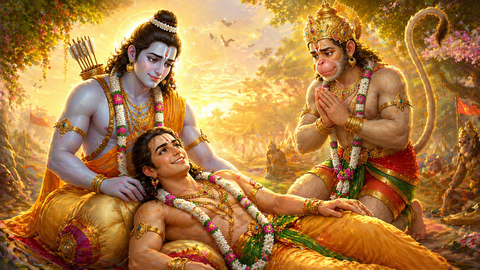 Lakshman waking peacefully after Sanjeevani Booti with Lord Rama and Hanuman