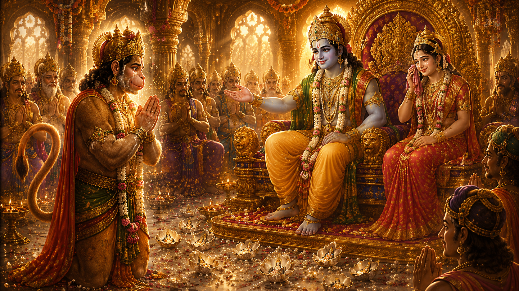 Lord Rama praising Hanuman devotion illustration
