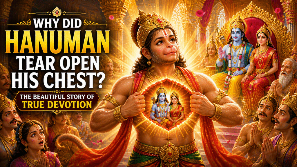 Featured devotional image of Lord Hanuman opening his chest to reveal Lord Rama and Sita glowing inside his heart in Ayodhya’s royal court