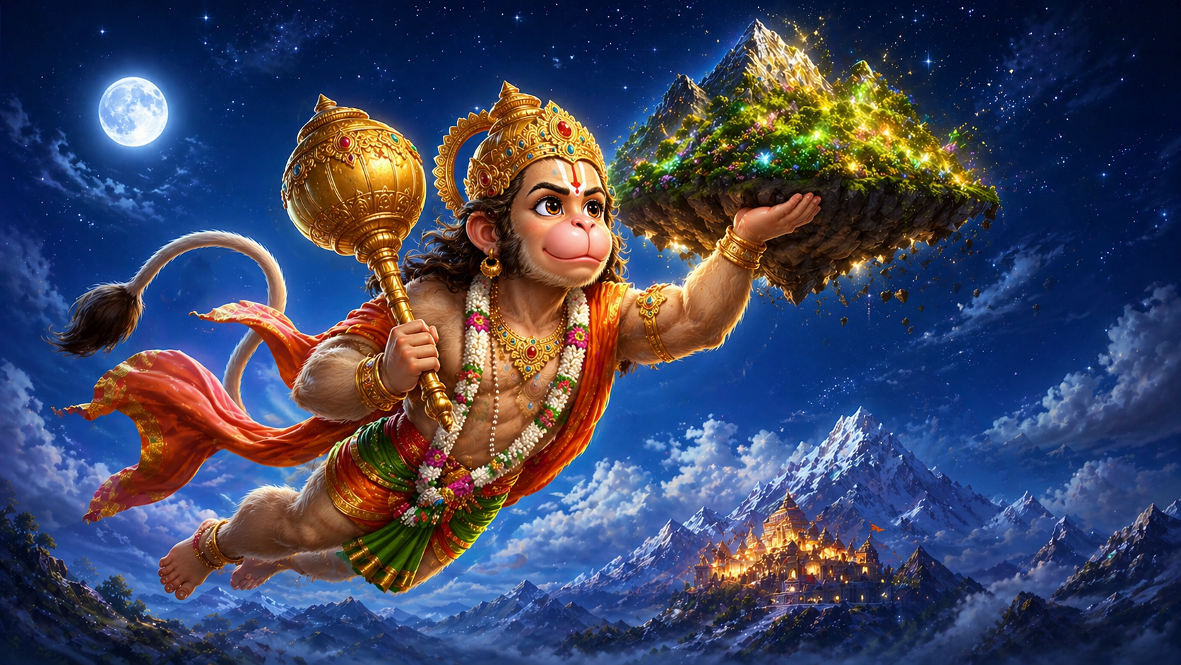 Hanuman lifting entire mountain with Sanjeevani herb kids story illustration