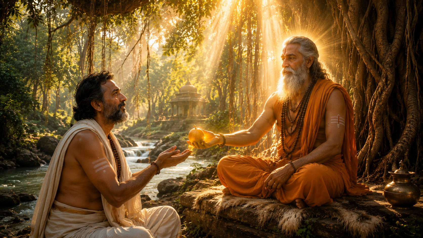 A divine sage blessing Atmadeva with a sacred fruit in the forest.