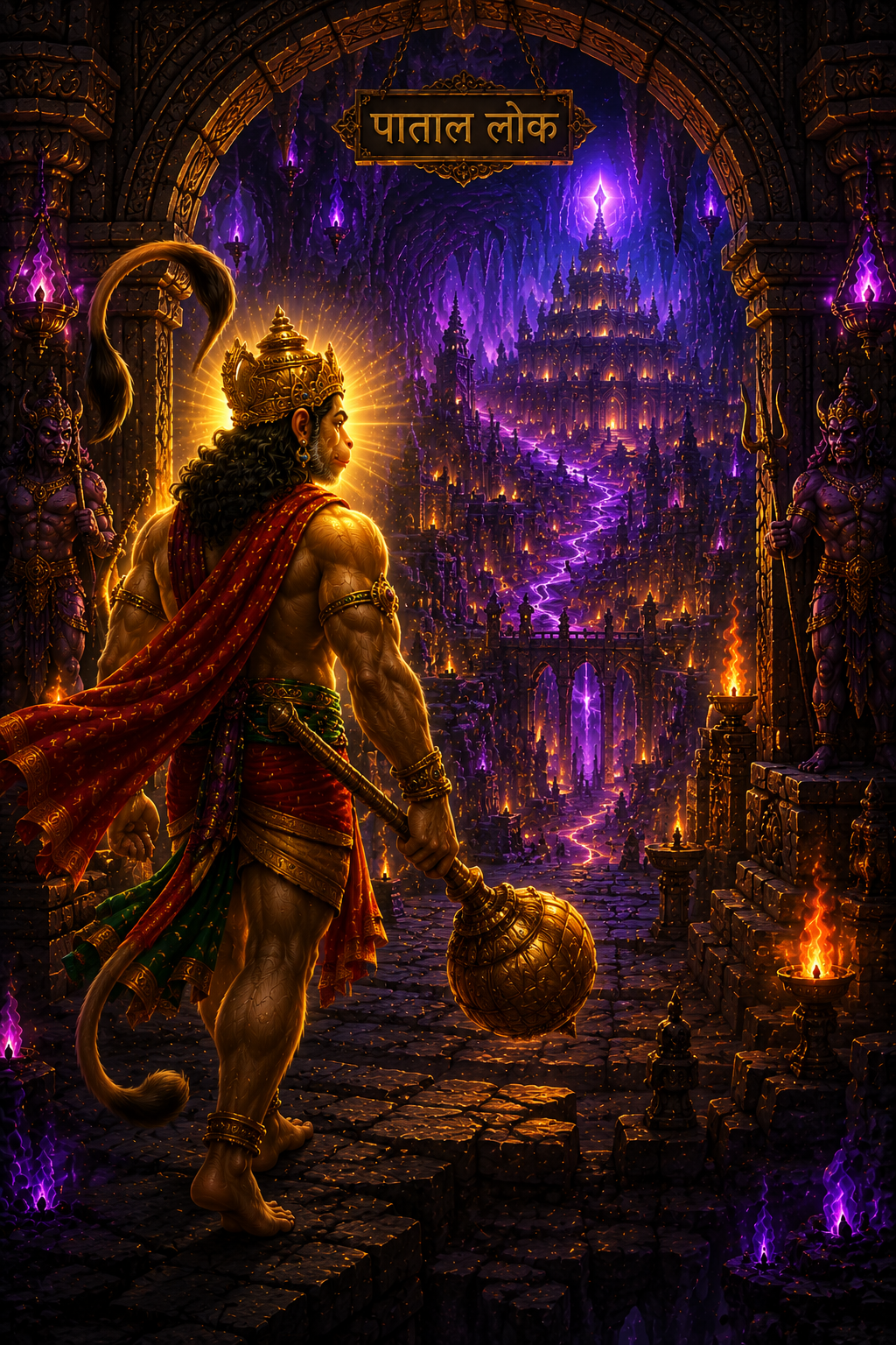 Five sacred lamps burning in five directions connected to Ahiravana's life force